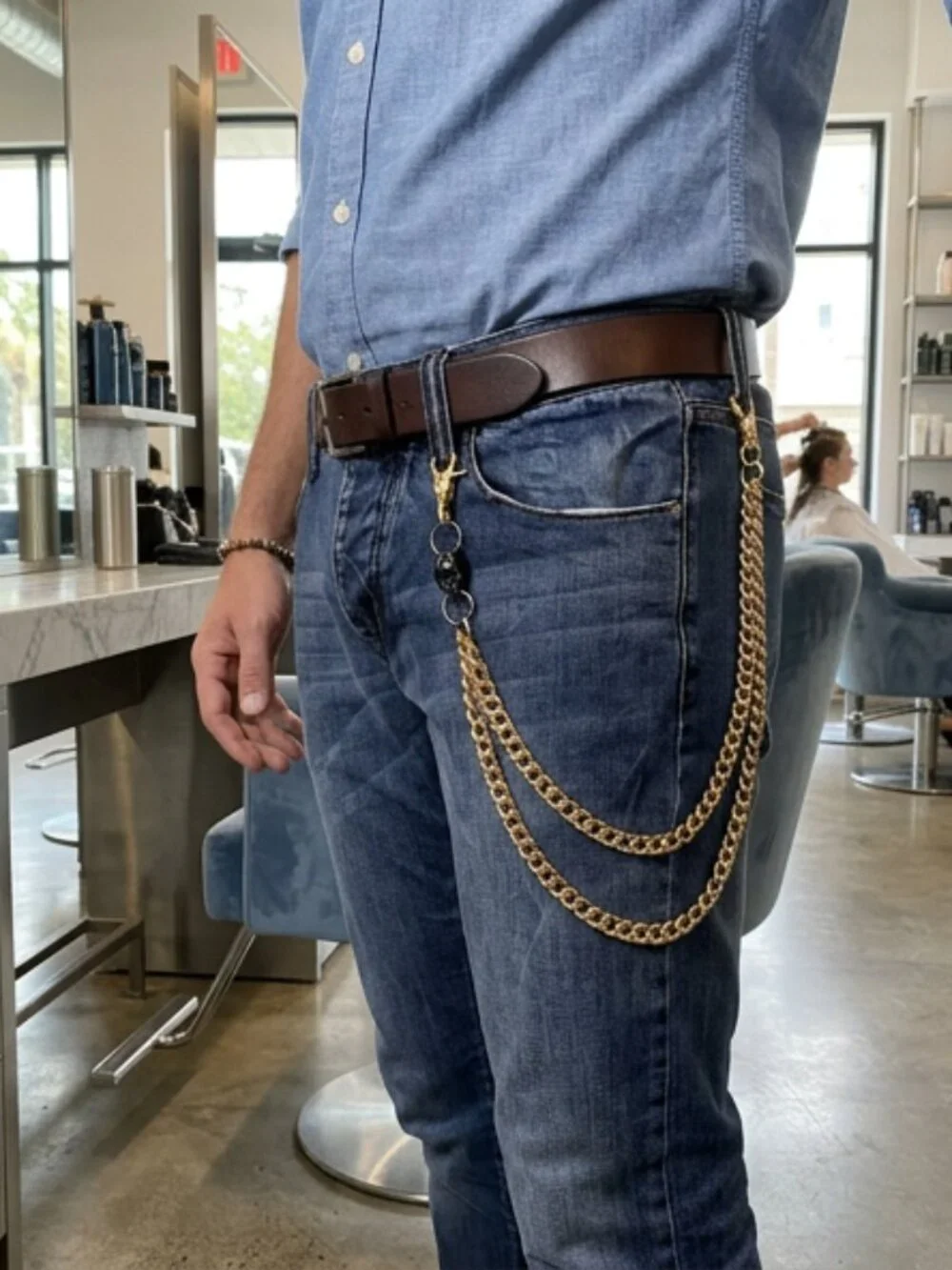NEW Men Gold Metal Wallet Jeans Chains KeyChain Biker 2 Strands Pewter Skulls